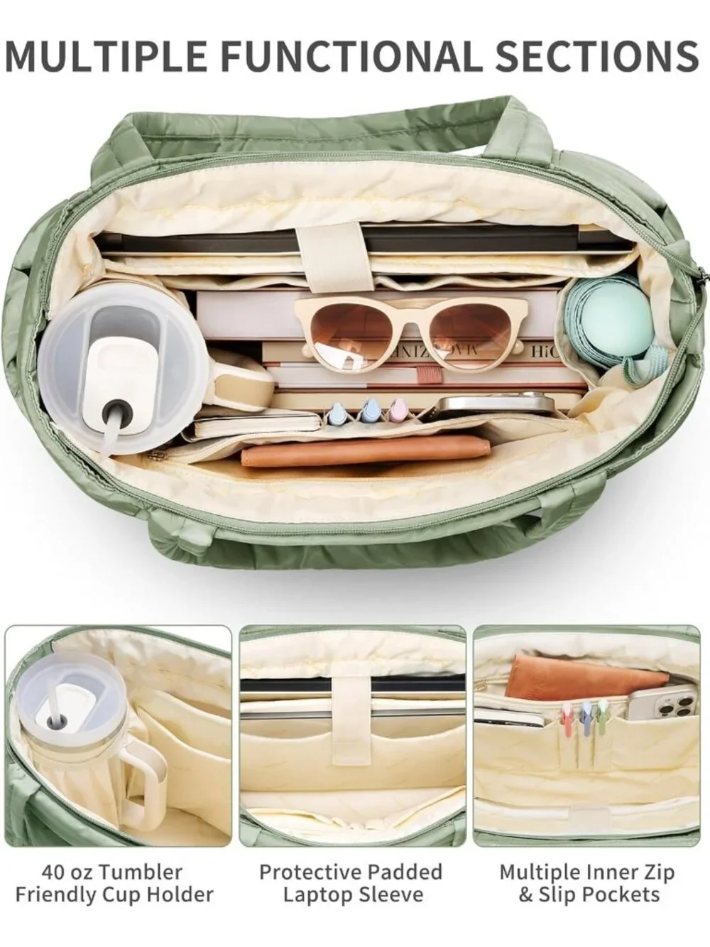 👜Women's Sage Green Puffer Tote Bag 16 Pockets Work Gym Travel Laptop Handbag